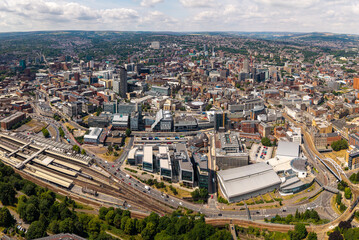 Fototapeta premium Aerial panorama view of Sheffield city centre in South Yorkshire, UK