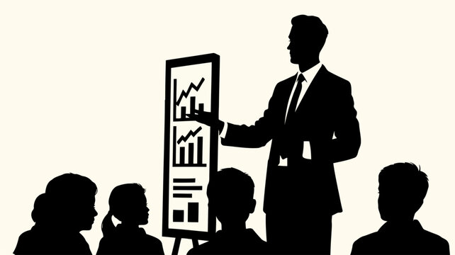 Businessman in silhouette presenting financial charts on a flip chart to an audience of people