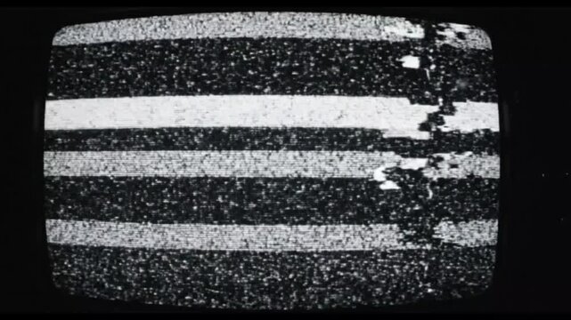 Static Screen Glitch: A vintage television screen displaying a chaotic pattern of horizontal static and digital glitches, creating a sense of disruption and retro distress.