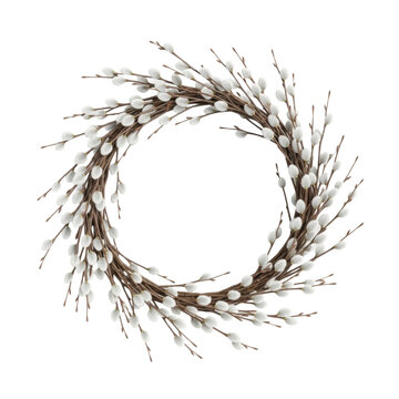 A circular wreath crafted from thin pussy willow branches with soft silvery-white catkins on a clean transparent background early spring renewal atmosphere