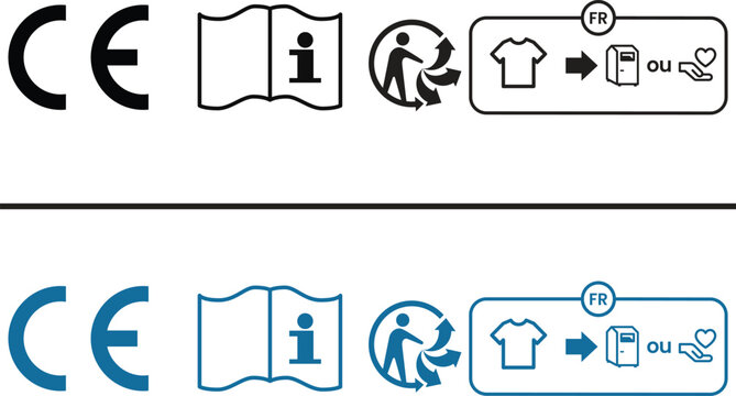 CE mark read instructions before use icon set with Triman France recycling label for shirt textile packaging compliance and consumer safety information