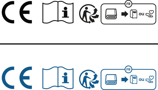CE mark read instructions before use icon set with Triman France recycling label for textile industry packaging compliance and consumer safety information