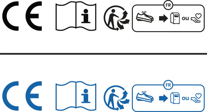CE mark read instructions before use icon set with Triman France recycling label for shoe footwear packaging compliance and consumer safety information