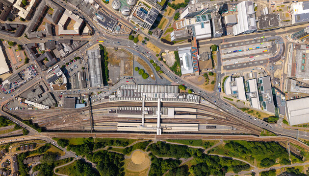 Aerial map style view directly above Sheffield main railway station and surrounding area