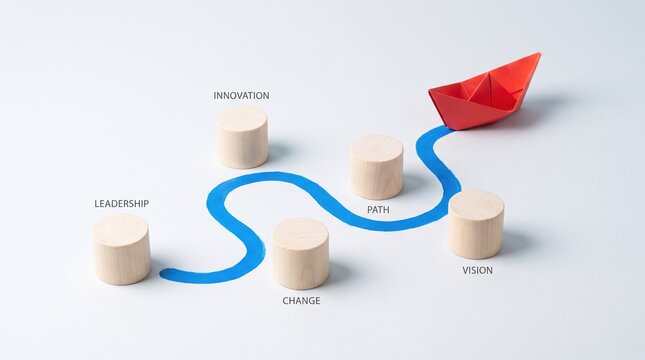 Red paper boat navigating through wooden block milestones with navigation milestone strategy challenge business