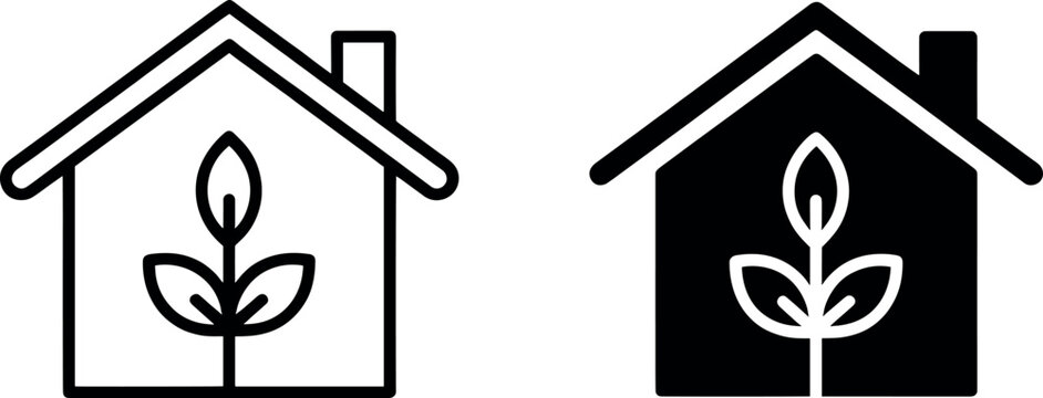 Eco friendly house icons with growing plant inside line and silhouette vector illustration isolated on white background