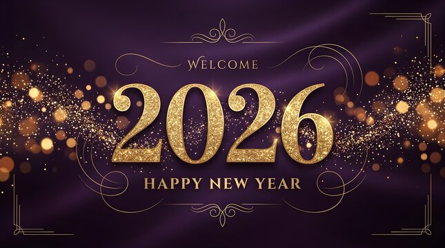 Luxury 2026 Happy New Year background, elegant gold glitter numbers on purple silk fabric, festive welcome banner with bokeh lights and swirls