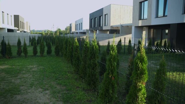 Camera slowly moving along a new modern metal wire fence and thuja hedge separating residential backyard properties with contemporary architecture in a suburban neighborhood