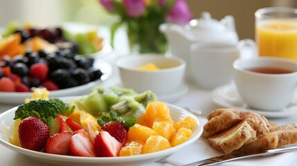 Obraz premium A vibrant breakfast spread featuring fresh fruit slices croissants tea and orange juice arranged on a white tablecloth