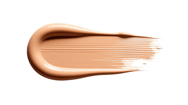 A single horizontal smear of beige liquid foundation makeup on a plain white background, showing smooth texture and creamy consistency, macro