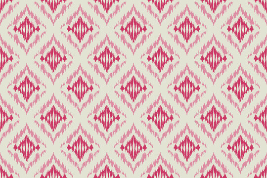 Seamless Pink Ikat Chevron Diamond Pattern Vector, Traditional Geometric Textile Print Wallpaper.Ethnic Tribal Ogee Ornament Background. Bohemian Tribal Motif Print for Fabric Design.