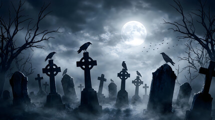 Naklejka premium Spooky graveyard, moonlit night, eerie landscape, dark cemetery Halloween
