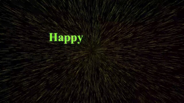 Happy text on dark background with light streaks