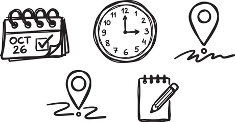 Time Management and Location Hand Drawn Icons Set Calendar Clock Map Pin Note Doodle Vector Elements © Bahar