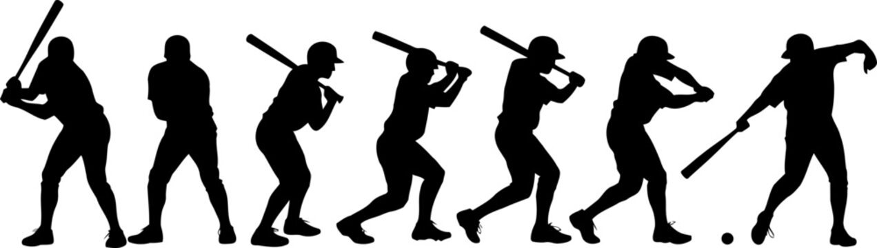 Silhouette of seven baseball players batting with a ball on white background 