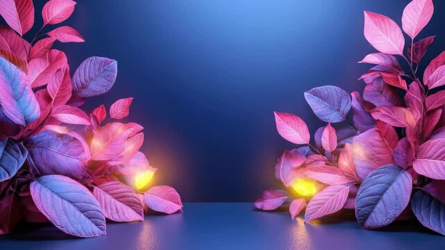 Vivid purple and pink leaves against a dark blue background