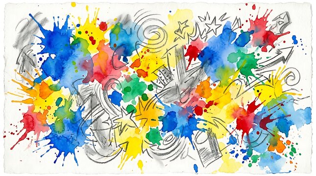 Colorful Watercolor Splash Background With Hand Drawn Pencil Sketches