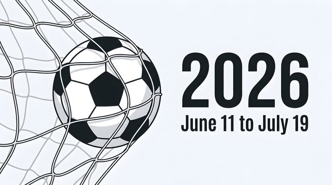 Soccer ball in net with 2026 championship dates, football tournament announcement for June 11 to July 19, sports event banner with goal graphic