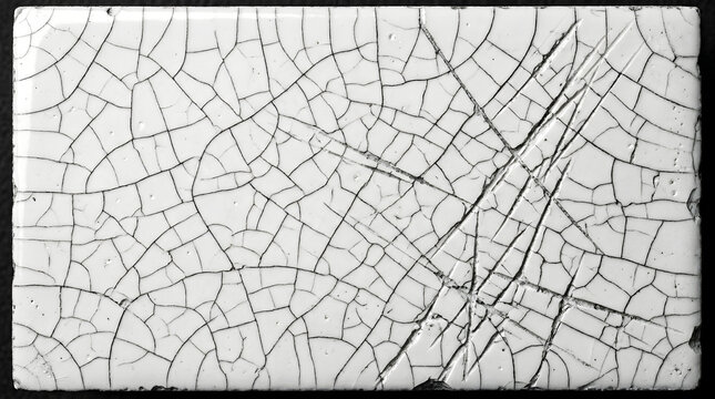 Macro texture of a white cracked ceramic tile background | Vintage aging effect with craquelure pattern and deep scratches | Abstract architectural material for industrial grunge design