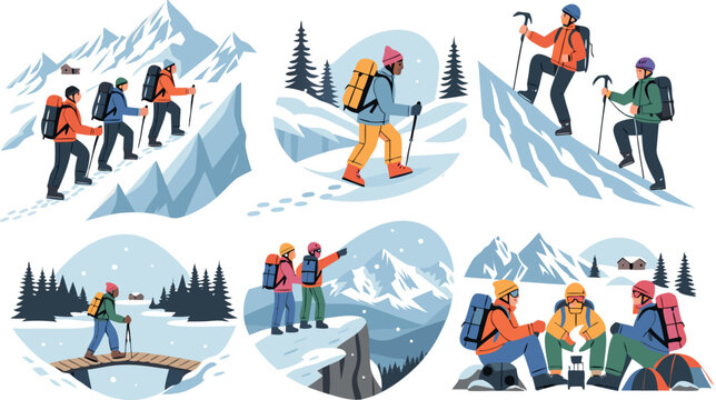 Winter hiking and mountaineering adventure with cartoon tourists vector illustration set