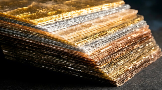 Stack of natural mica mineral flakes and gold leaf sheets | Shimmering metallic texture for craft and jewelry design | Industrial raw materials for art | Luxury gold silver bronze foil layering