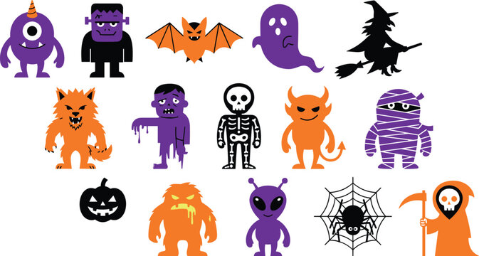 Halloween monster icon collection featuring classic spooky cartoon creatures and symbols with flat vector illustration set