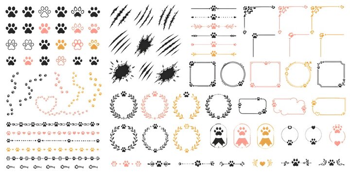 Decorative paw print design elements, animal footprint frames and borders set, pet themed laurel wreaths and scratch marks for scrapbooking