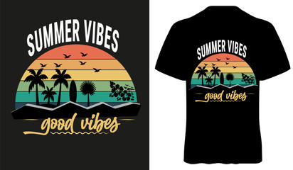 Summer Vibes Good Vibes Vintage Retro Beach Sunset T-Shirt Design with Palm Trees, Surfboard and Tropical Landscape Vector Illustration © Ismotjahan