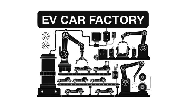 Very beautiful black and white realistic vector illustration of an automated electric vehicle car factory featuring a bold label reading "EV CAR FACTORY", robotic assembly arms, vehicle production lin