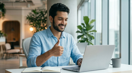 Fototapeta premium Indian Professional Businessman Giving Thumbs Up While Working on Laptop.