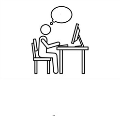 Fototapeta premium Stylized outline of a person sitting at a desk with a computer and a thought bubble above their head