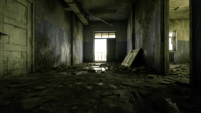 Wide industrial corridor bathed in muted light, cracked flooring and scattered debris, heavy air of neglect and industrial past, raw textures and shadowed