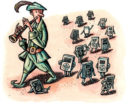 pied piper with ipods or telephones following him