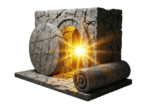 ancient, weathered stone tomb, massive circular door rolled aside, radiating brilliant golden light from its dark interior against a stark white background, spiritual resurrection concept