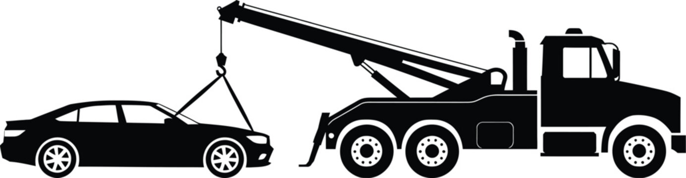 Car tow truck illustration, professional roadside assistance vehicle towing a disabled automobile for emergency transportation service, vector designs.