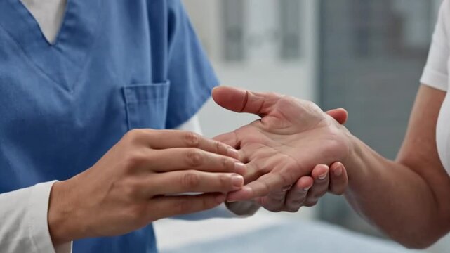 Closeup of a healthcare professional examining a patients hand in a clinical setting