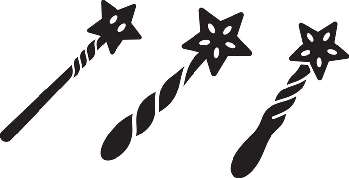 Set of three stylized magic wands with stars enchanted collection isolated illustration fairytale wizardry mystical accessory decorative imagination creative silhouette childhood