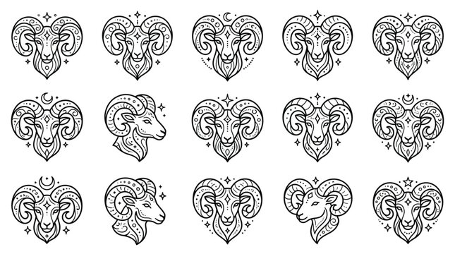Aries Zodiac Sign Symbols, Ram Constellation Icons, Astrology Graphics