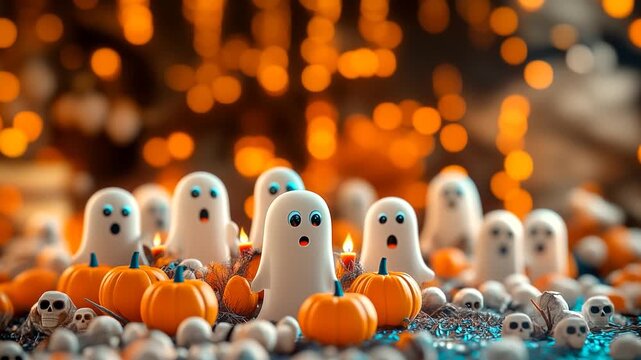An AI-generated video of cheerful ghosts with a shimmering surface, celebrating Halloween in a playful and spooky night atmosphere.