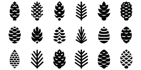 Collection of various pine cone and tree branch icons in black flat style for graphic projects © Shamsun