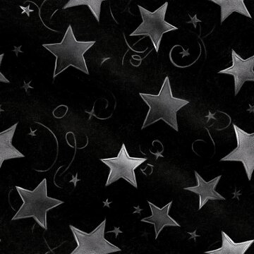 Celestial seamless pattern in linocut style featuring stars and intricate monochrome swirls
