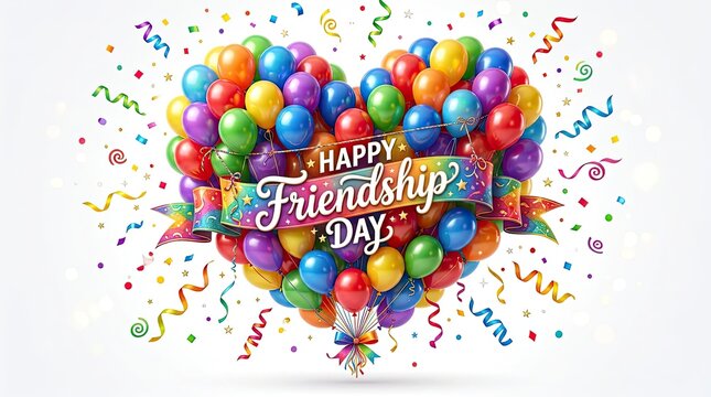 Happy friendship day celebration with colorful balloons and confetti