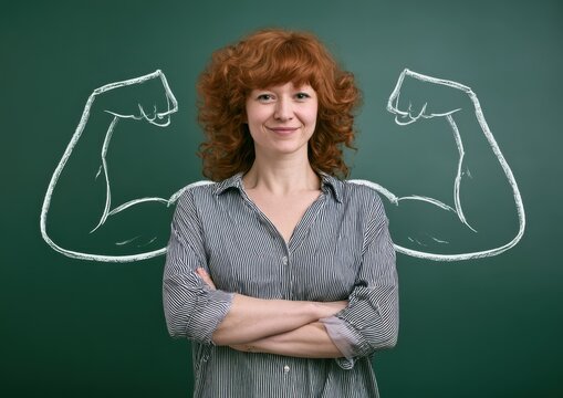 A confident woman standing in front of a chalkboard with flexed arm illustrations