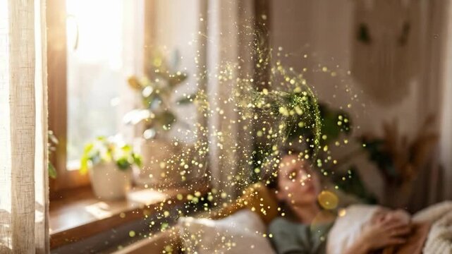 Woman lying in sunny bedroom with golden pollen particles floating around her hand. Respiratory health awareness and environmental sensitivity concept