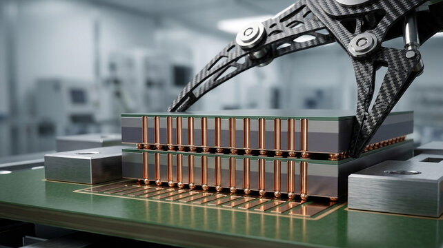 Semiconductor packaging showing robotic arm placing chiplet stack on interposer