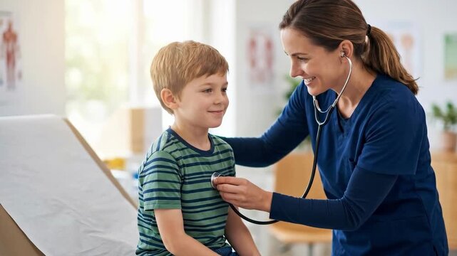 Woman nurse listening to boys heart with stethoscope during examination. Pediatric checkup for respiratory health. Asthma and allergy monitoring in children medical care concept