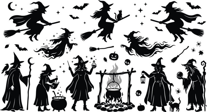Halloween witch silhouettes collection with broomsticks cauldron and magical elements