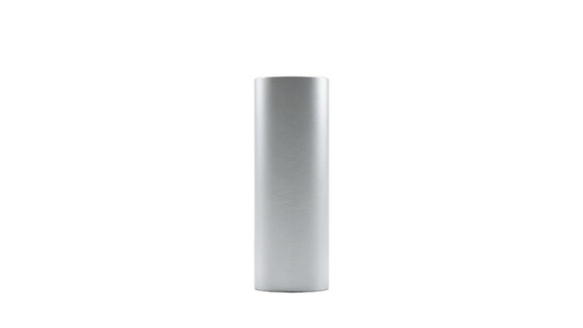 A tall cylindrical silver metal container or tube with a smooth brushed finish, isolated on a white background, vertical orientation