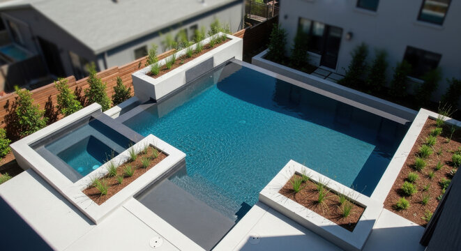 Modern Geometric Luxury Swimming Pool With Integrated Hot Tub And Planters