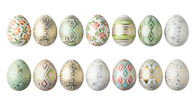 Sixteen uniquely decorated easter eggs in two parallel rows with floral motifs and gold leaf on a flat gray studio background elegant festive celebration concept